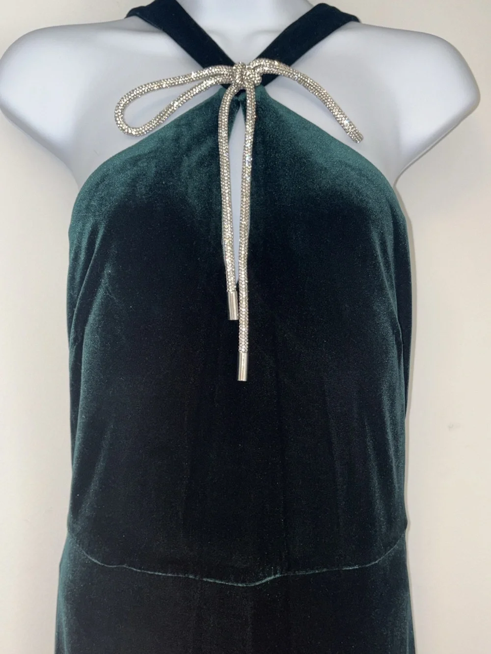 Elegant Green or dark green Velvet Halter Gown with Silver Tie